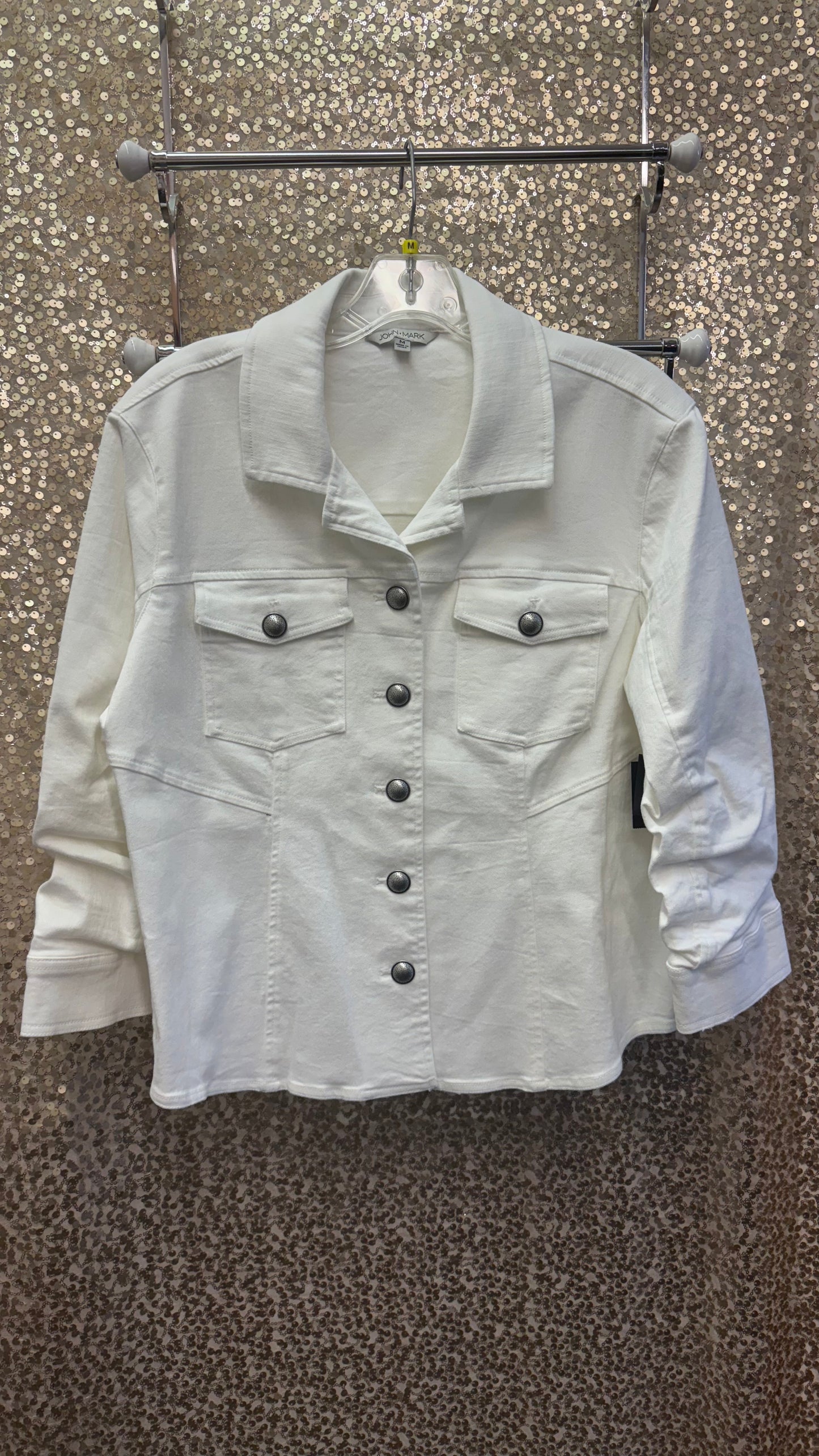 JM BUTTON FRONT WHITE JACKET W/RUCHED SLEEVES