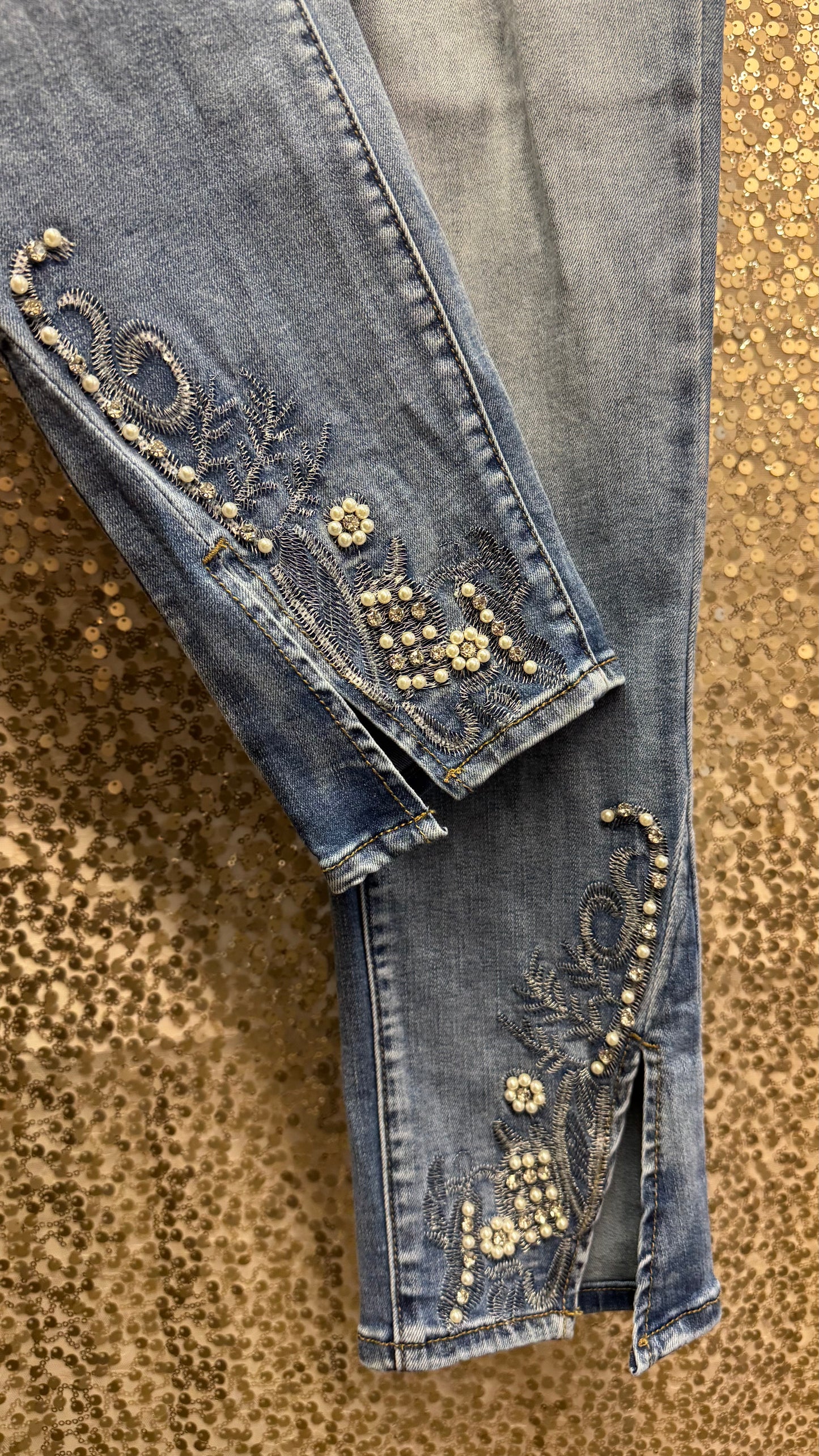 ORLY PEARL AND RHINESTONE EMBELLISHED JEANS