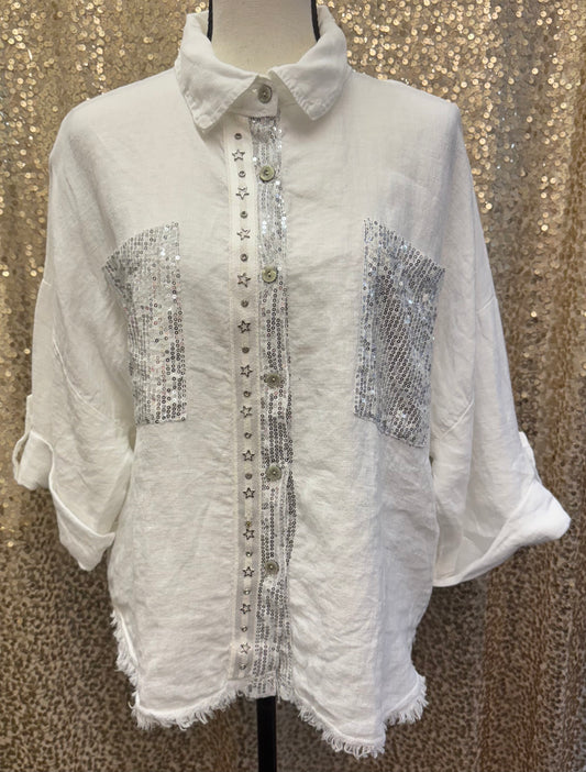 LM SHIMMER & STARS DETAILED BUTTON DOWN TOP