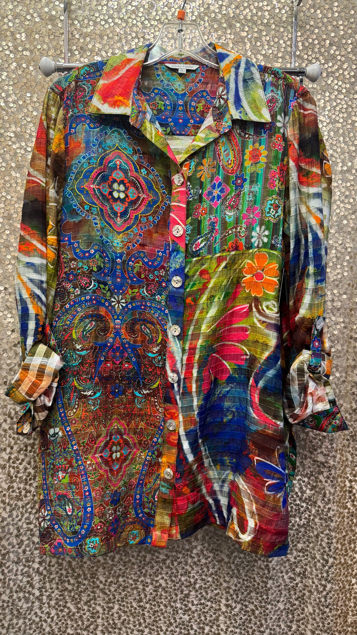 JM BUTTON FRONT TUNIC TOP MULTI COLOR