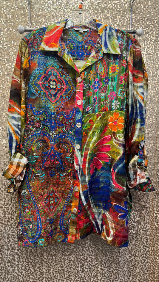 JM BUTTON FRONT TUNIC TOP MULTI COLOR