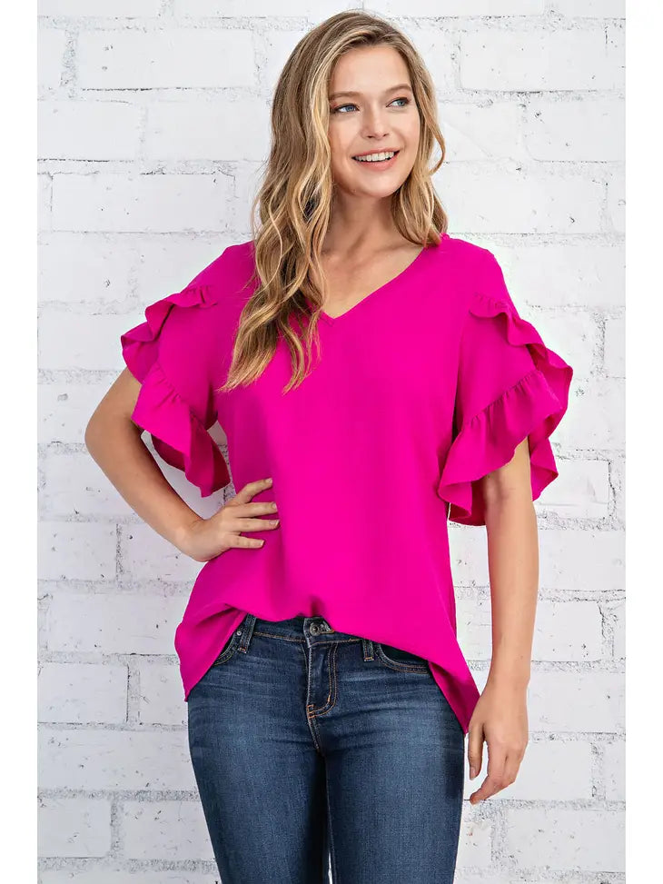 VNECK RUFFLE SLEEVE TOP