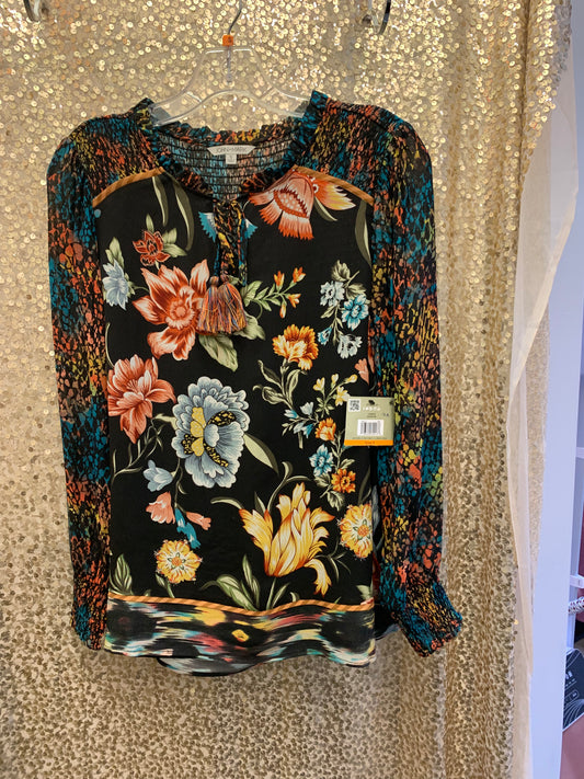 JM  MIX PRINT TUNIC W/SHIRRING DETAIL TASSEL TAGS