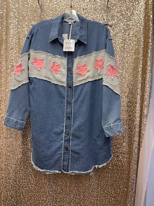 D&D ACID WASH DENIM STAR SHIRT DRESS