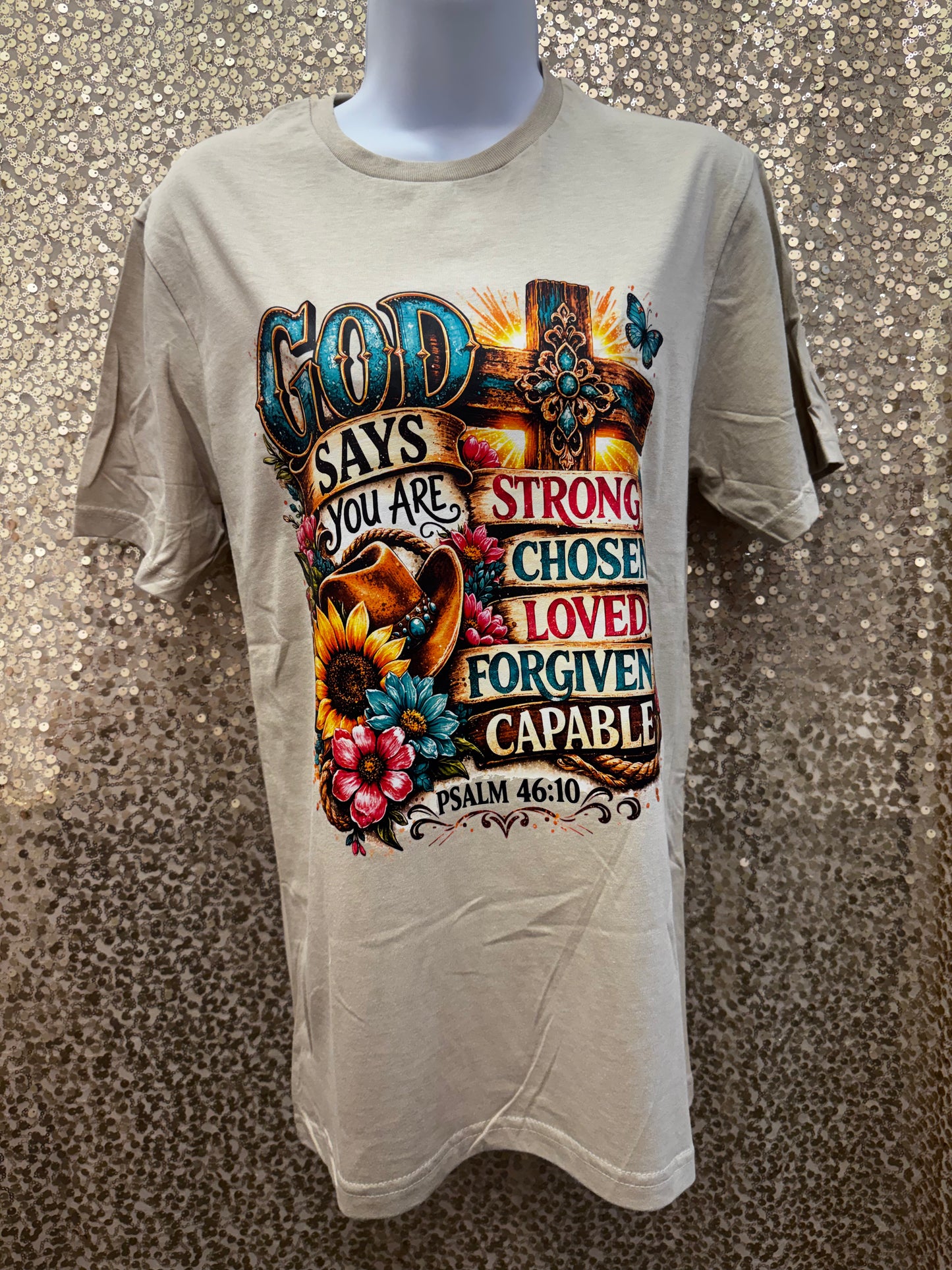 GOD SAYS YOU ARE STRONG ON BEIGE TEE