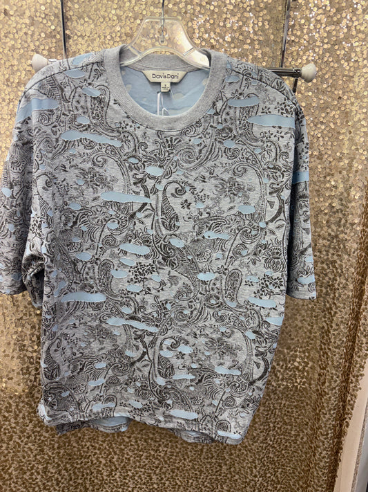 D&D BLUE GREY DESTRESSED TEE WITH RHINESTONES