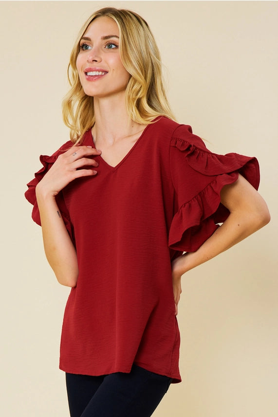VNECK RUFFLE SLEEVE TOP