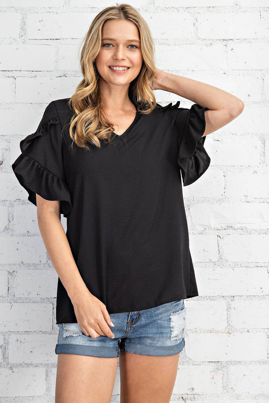FSL RUFFLED TULIP SLEEVE V NECK TOP