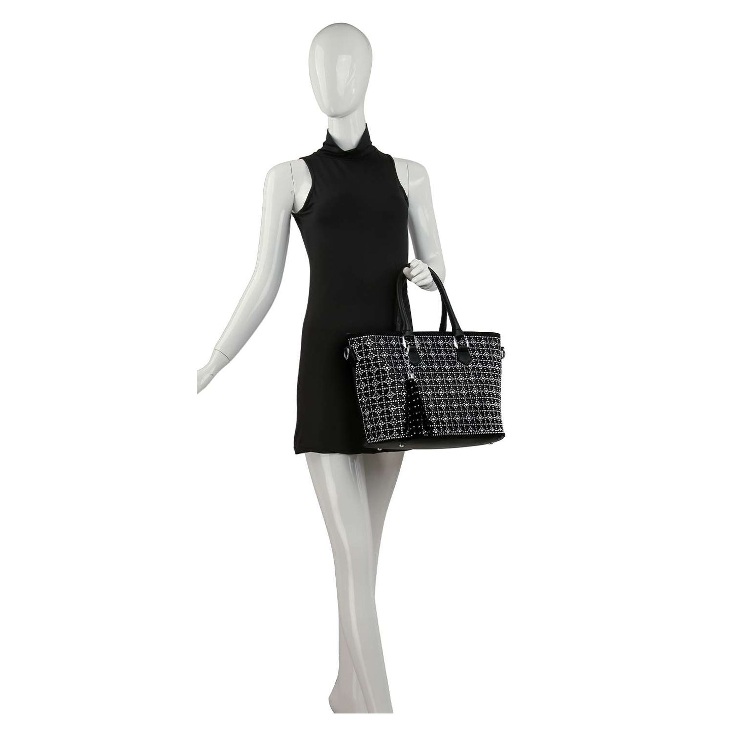Sparkling Rhinestone Shopper Tote - Metal Stud Feet