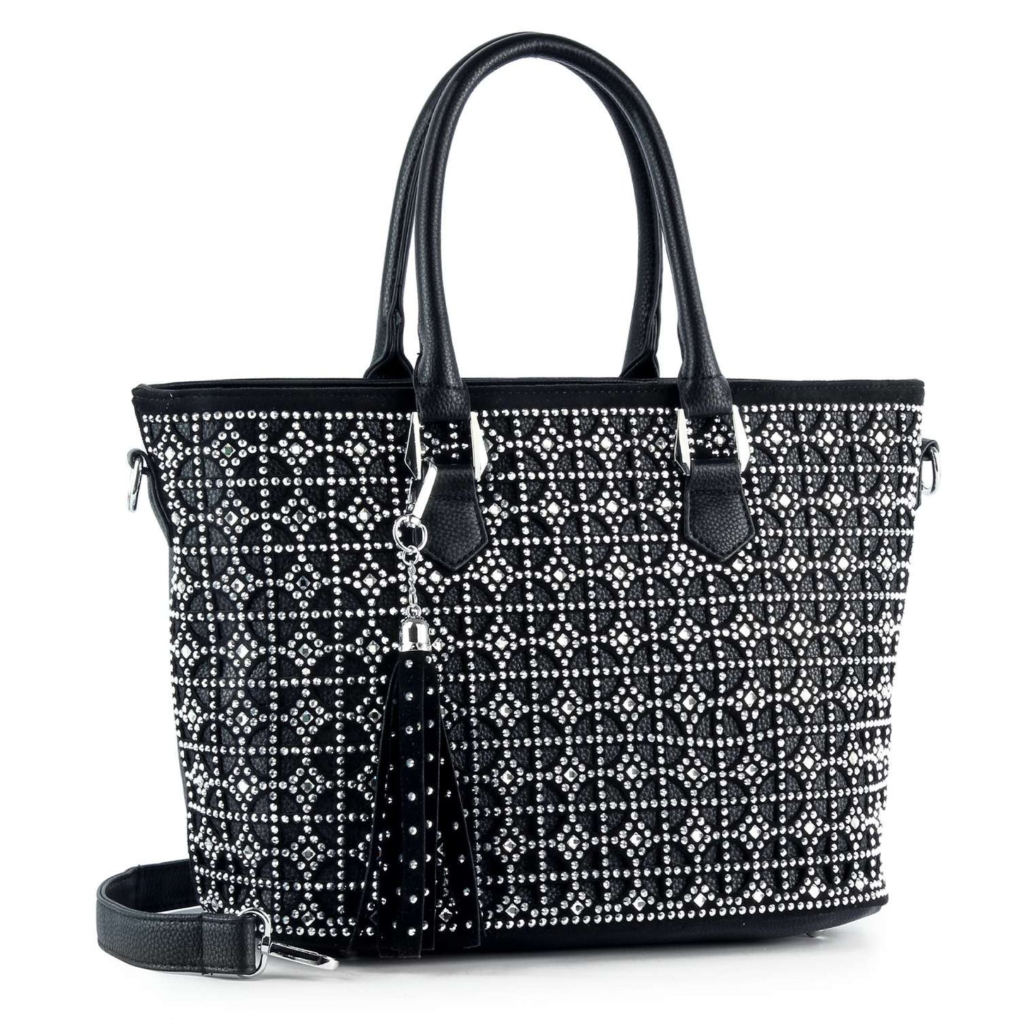 Sparkling Rhinestone Shopper Tote - Metal Stud Feet
