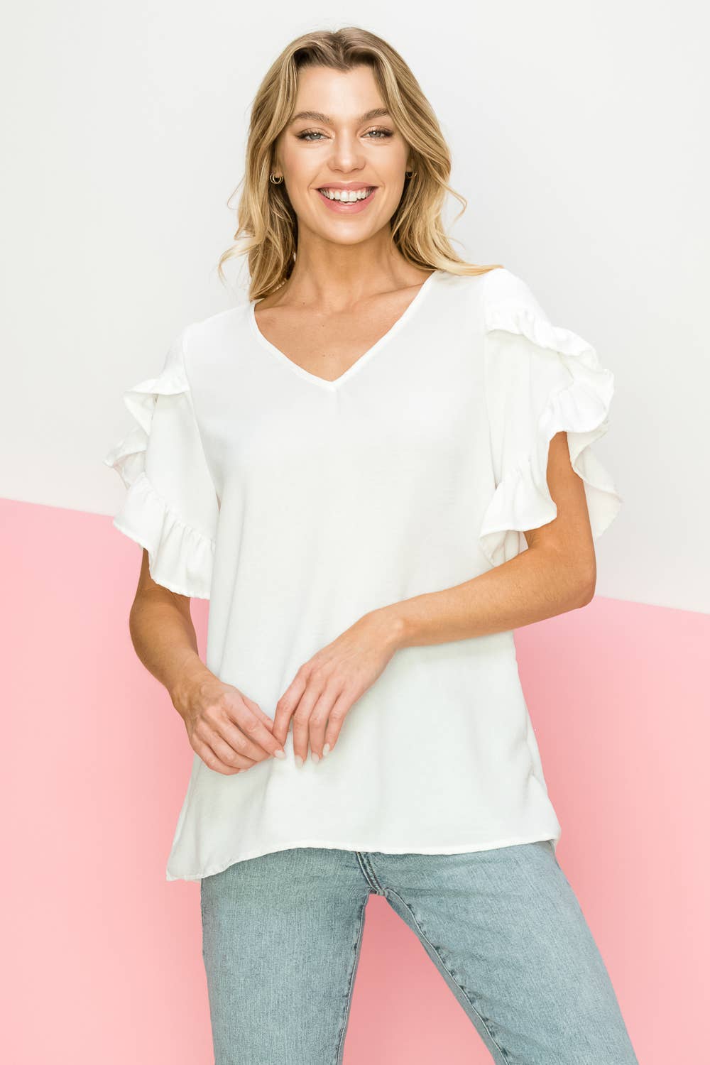FSL RUFFLED TULIP SLEEVE V NECK TOP