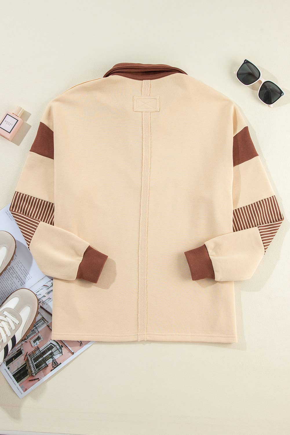 LA STRIPED PATCHWORK SEQUIN RUGBY GRAPHIC POLO SWEATSHIRT