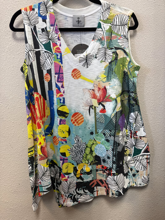 INOAH POLLINATION V-NECK SLVLESS ASYM HEM