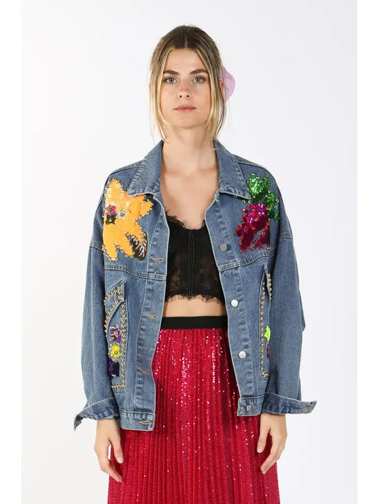 DENIM EMBELLISHED ONE SIZE JKT FLORAL/GOLD