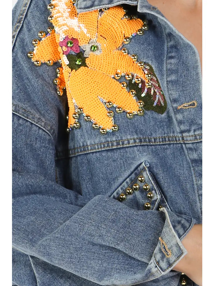 DENIM EMBELLISHED ONE SIZE JKT FLORAL/GOLD